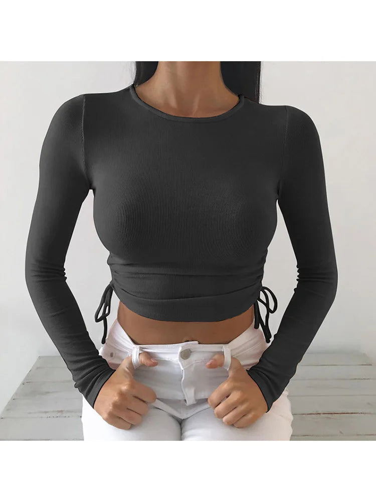 Sexy O-Neck Long Sleeve Bodycon Cropped Tops Autumn 2024 Women Irregular Drawstring Bandage Knitted Solid T-Shirt