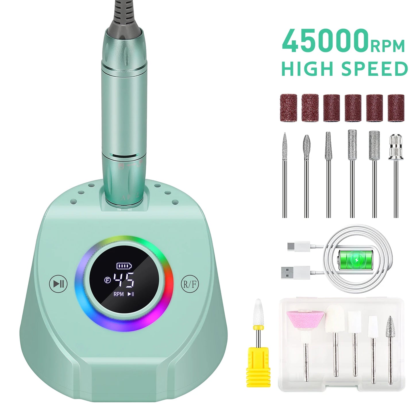 45000RPM Professional Rechargeable Electric Nail Drill Machine With Base Portable Cordless Nail File For Acrylic Gel Nail Remove