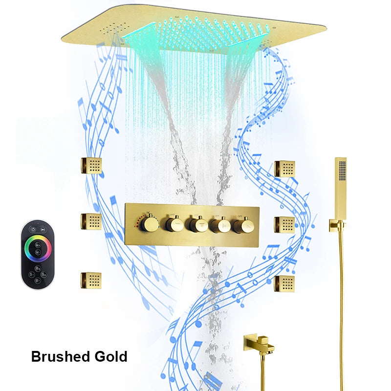 580*380mm Constant-Temperature Shower System Brushed Gold Shower Set LED Light Music Ceiling Hower head Body Massage Nozzle