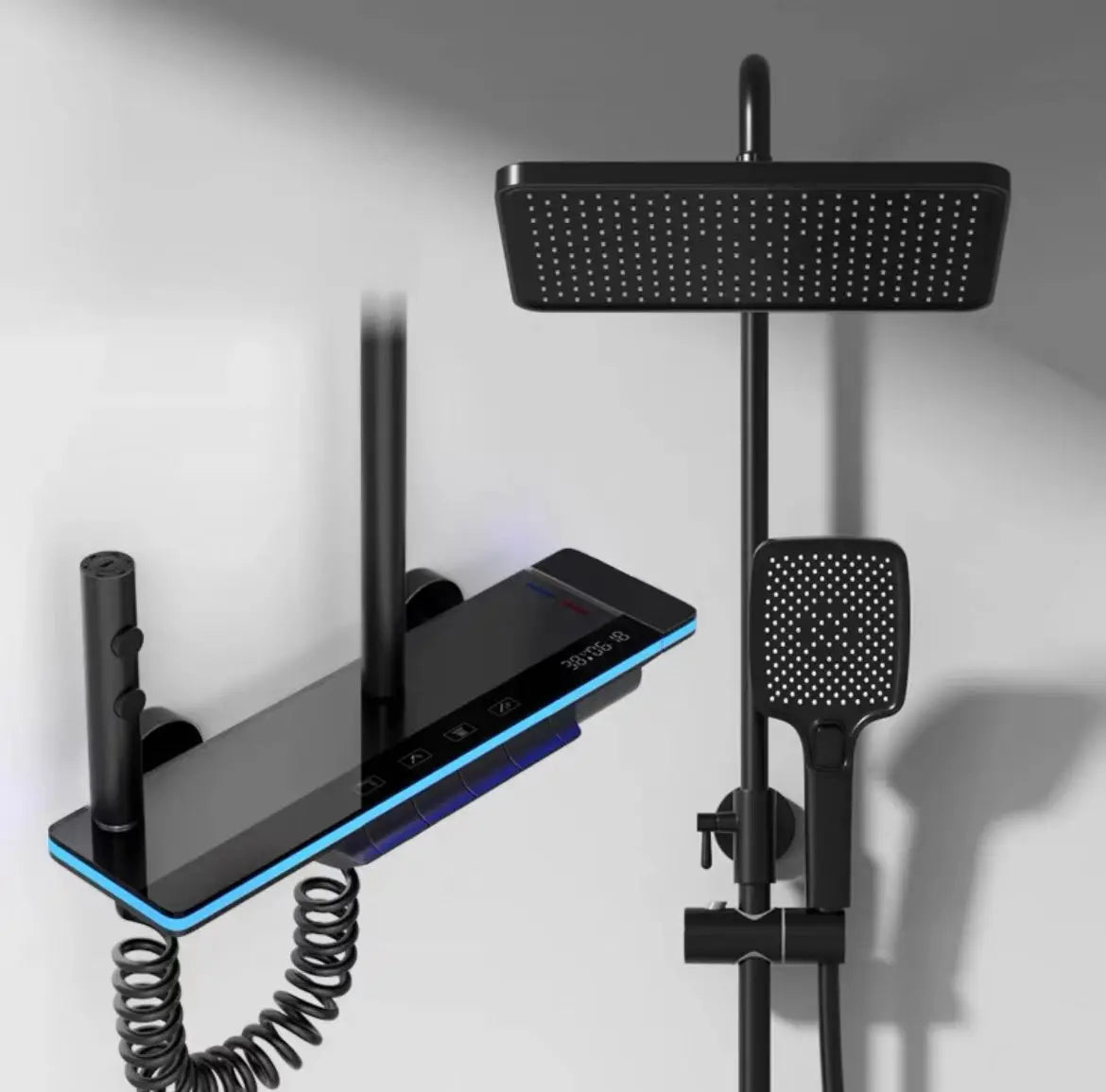 Bathroom Shower Faucet System with Lights Tempered Glass Shower Set Digital Display Copper Mixer Shower Faucet Set