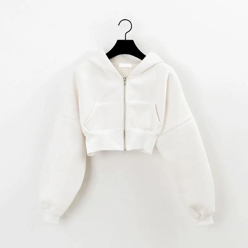 Cropped Zip Up Hoodies Women Streetwear Vintage with Pockets Short Sweatshirt Femme Outwear Harajuku Y2K Solid Hooded Jackets
