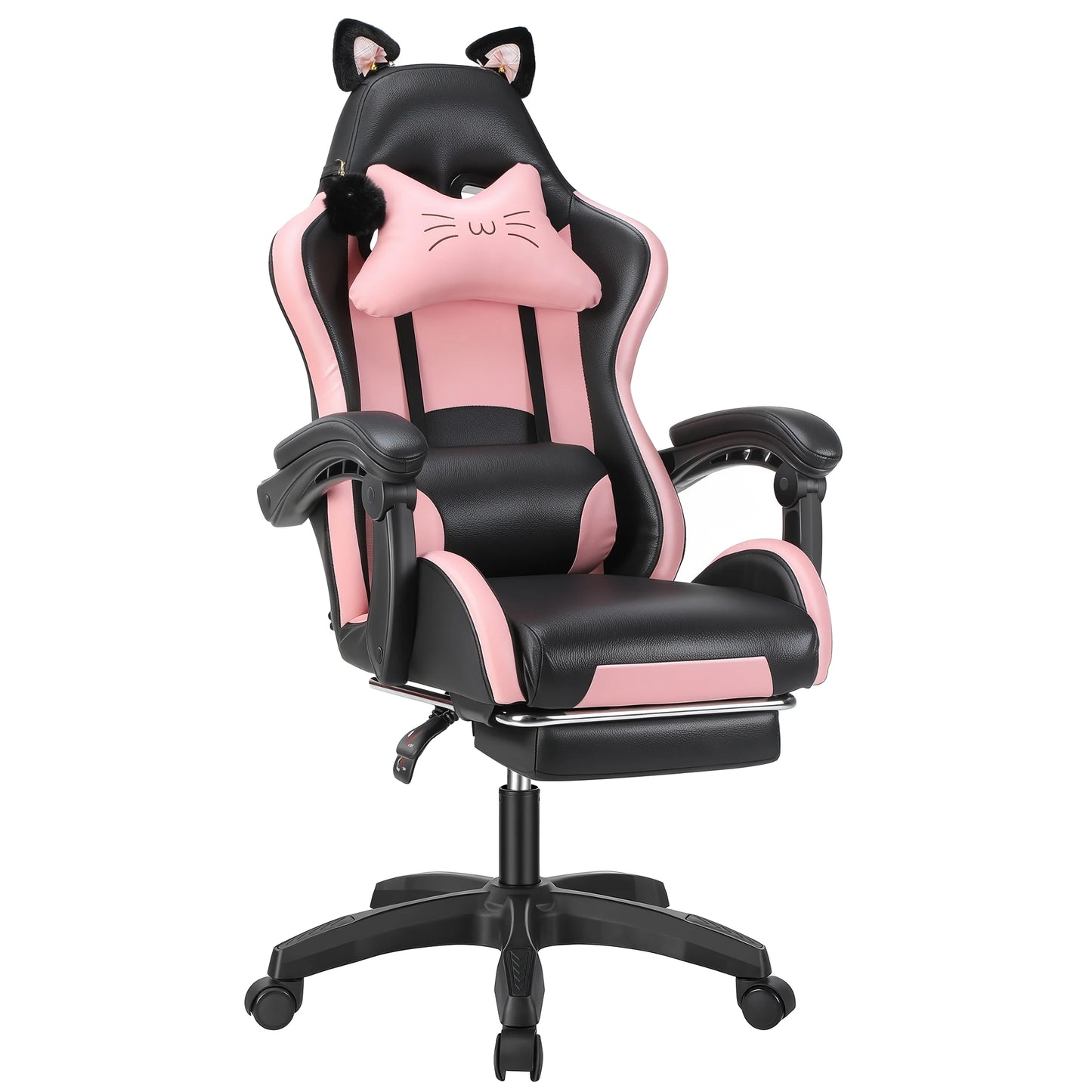 Gaming Chair with Cat Ears, Computer Armchair with Footrest and Lumbar Support, Height Adjustable Game Chair, 360°-Swivel Seat