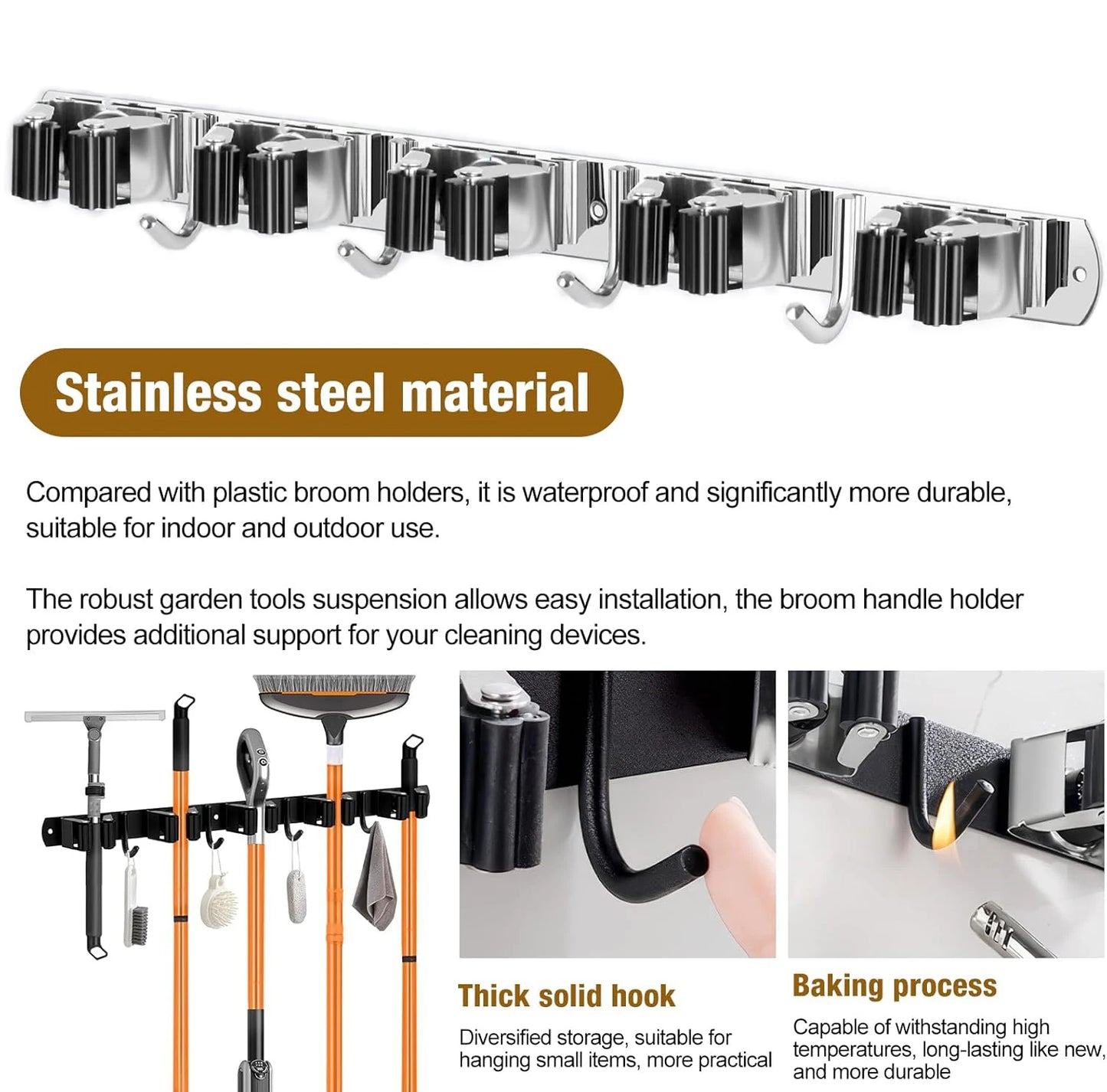 Wall Mount Broom Holder Stainless Steel 5 Racks With 4 Hooks Mop Broom Organizer Heavy Duty Laundry Room Garage Storage Hanger