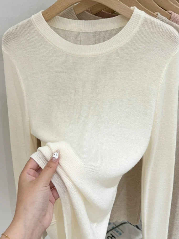 Spring Basic O-Neck Slim T-Shirt Women Solid Multi Color All-Match Trend Casual Top Screw Knit Long Sleeve Elastic Office Lady