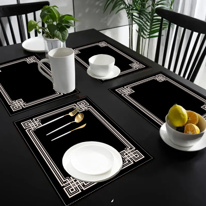 5/7pcs, Minimalist Black Geometric Border Linen Table Runner And Placemats, Featuring Line And Pattern Designs Suitable for Festive Party Decorations, Home Kitchen And Dining Room Decor, Café And Hotel Table Settings, Outdoo