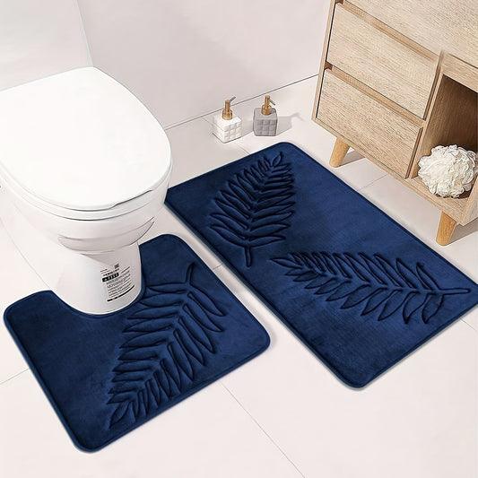 2pcs Simple Solid Color Fern Leaf Embossed Memory Sponge Floor Mat Bathroom Floor Mat Home Soft Absorbent Non-slip Floor Mat Toilet Floor Mat