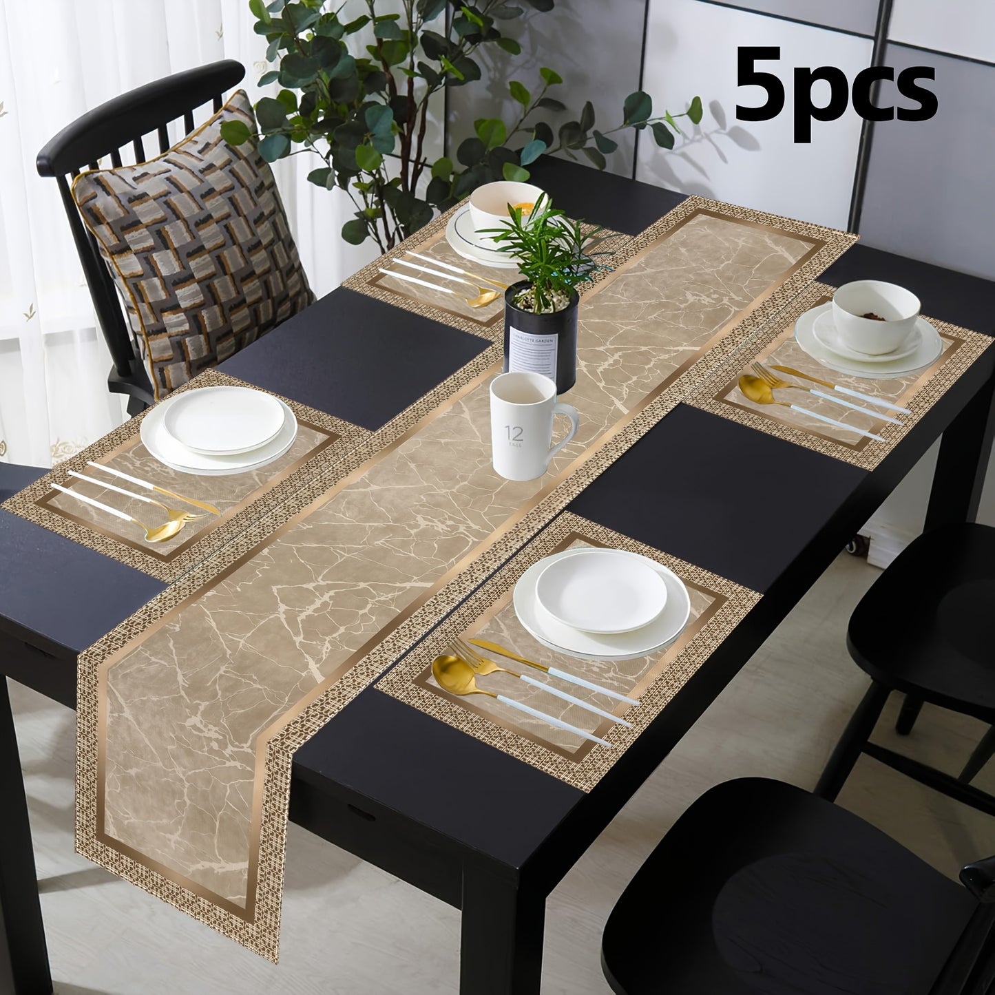 1/5/7pcs, Geometric Golden Luxury Table Runner Placemat - Marble Inspired Pattern with Beige And Golden Accents for Home Gatherings, Weddings And Birthday Decorations - Elegant Gift Ideas, Table Decor