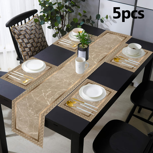 1/5/7pcs, Geometric Golden Luxury Table Runner Placemat - Marble Inspired Pattern with Beige And Golden Accents for Home Gatherings, Weddings And Birthday Decorations - Elegant Gift Ideas, Table Decor