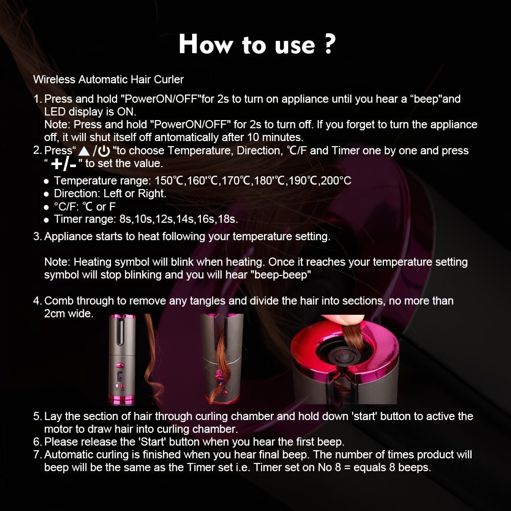 5 Settings Automatic Curling Iron for Creating Beautiful Curls - Ceramic, Heat-Resistant, Tangle-Free, Quick Charging USB Rechargeable Lithium Battery - Perfect for Styling, Special Occasions, And As an Elegant Gift