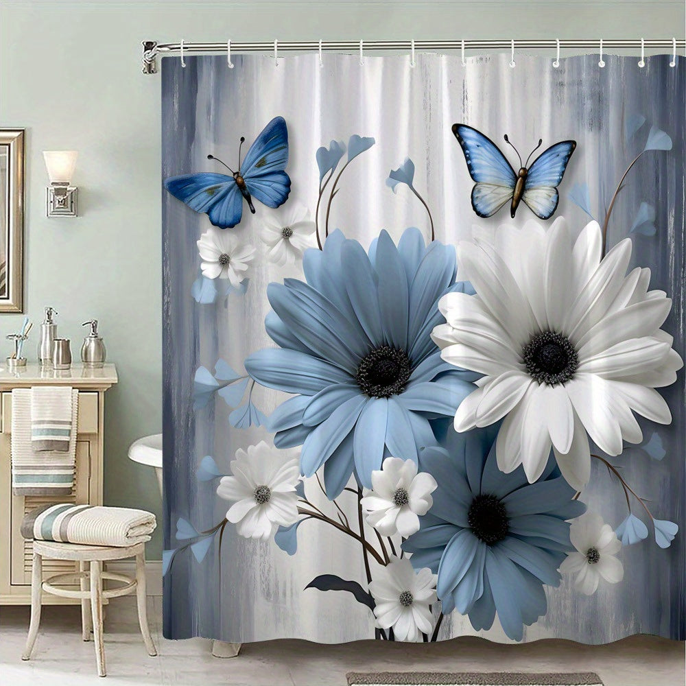 1pc Blue and White Daisies with Butterflies Shower Curtain Polyester Fabric Realistic Daisies with Blue Butterflies on Soft Gray and White Background for Bathroom 12 Hooks 177.8x177.8 cm