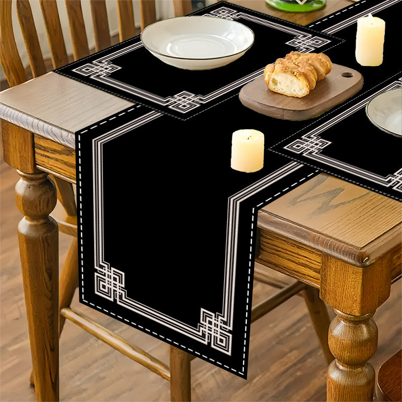 5/7pcs, Minimalist Black Geometric Border Linen Table Runner And Placemats, Featuring Line And Pattern Designs Suitable for Festive Party Decorations, Home Kitchen And Dining Room Decor, Café And Hotel Table Settings, Outdoo