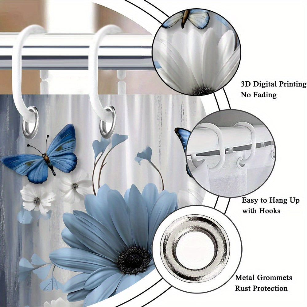 1pc Blue and White Daisies with Butterflies Shower Curtain Polyester Fabric Realistic Daisies with Blue Butterflies on Soft Gray and White Background for Bathroom 12 Hooks 177.8x177.8 cm