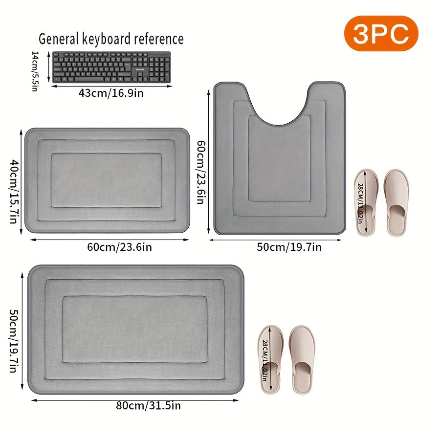 Bathroom Rug 3pcs Memory Thickened Foam Bath Mat, Non-Slip, Extra Absorbent Soft Bath Mat, Machine Washable, Water Washable, Quick Water Absorption, Quick Drying, Thickened Non-Slip, Fade Resistant, Suitable for Bedroom, Bath