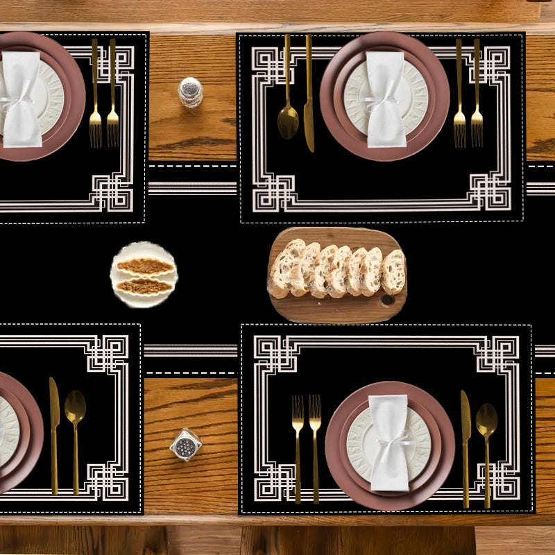 5/7pcs, Minimalist Black Geometric Border Linen Table Runner And Placemats, Featuring Line And Pattern Designs Suitable for Festive Party Decorations, Home Kitchen And Dining Room Decor, Café And Hotel Table Settings, Outdoo