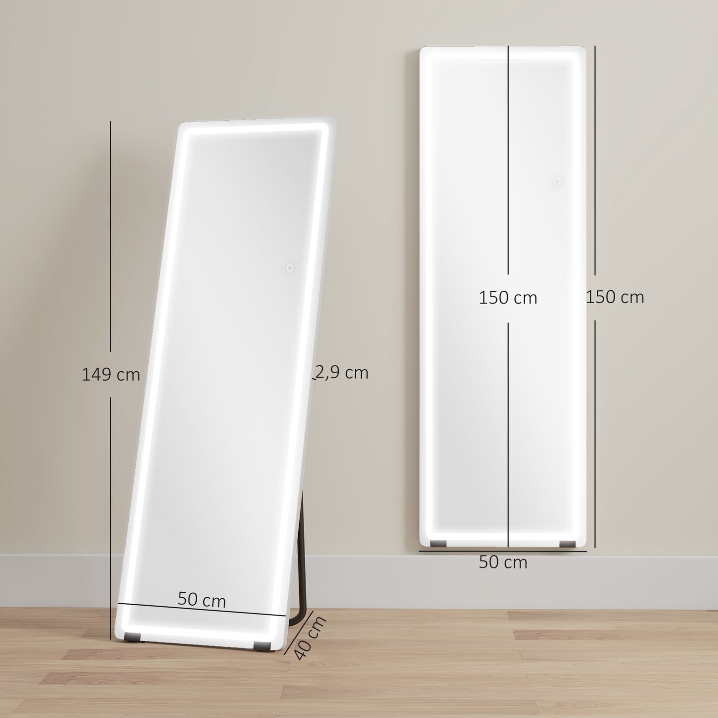 Homcom Full Length Standing Mirror with Lights 150X50 cm Frameless 3 Color Temperatures Adjustable Brightness Transparent