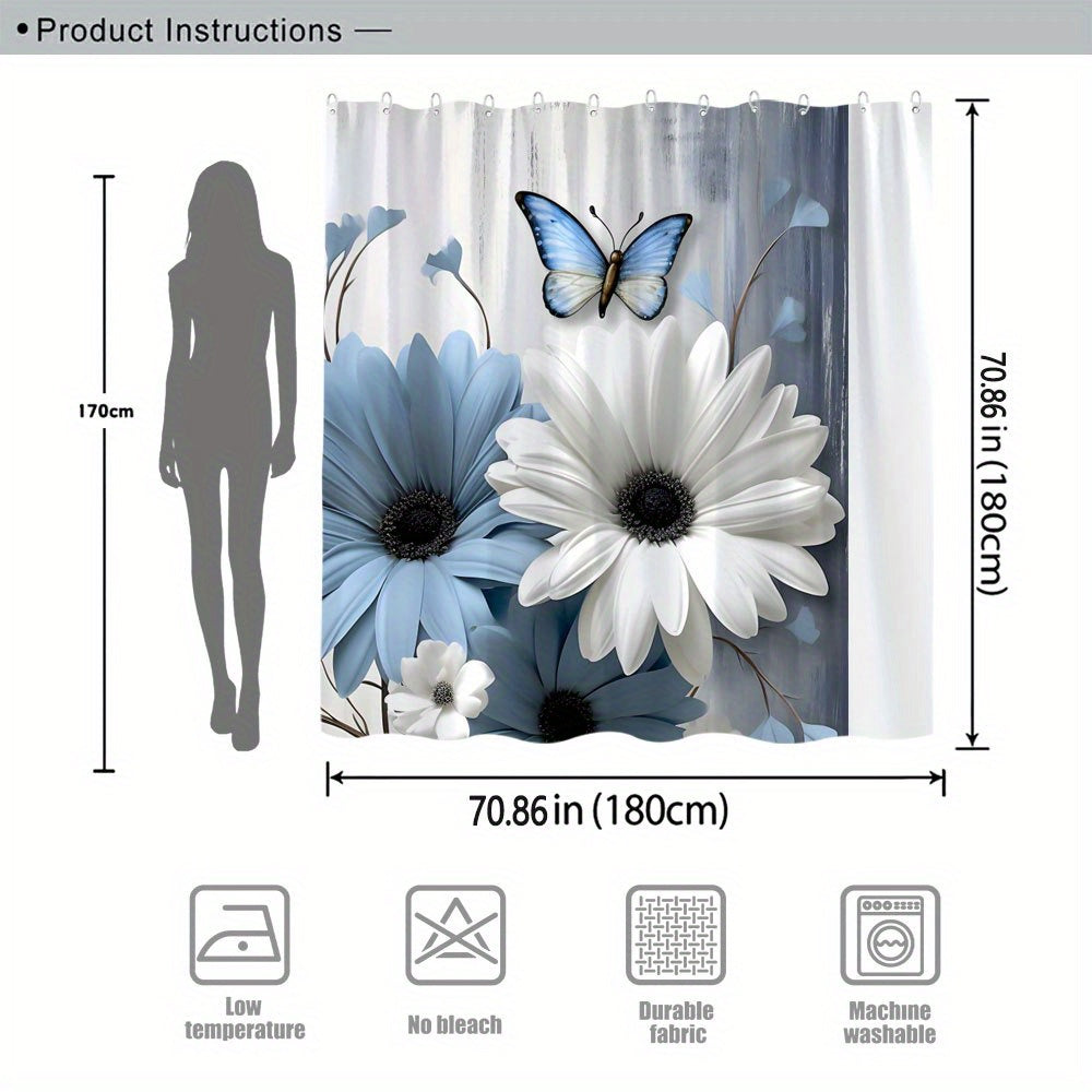 1pc Blue and White Daisies with Butterflies Shower Curtain Polyester Fabric Realistic Daisies with Blue Butterflies on Soft Gray and White Background for Bathroom 12 Hooks 177.8x177.8 cm