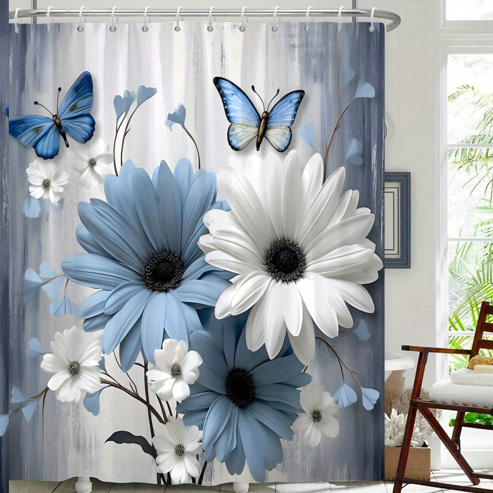 1pc Blue and White Daisies with Butterflies Shower Curtain Polyester Fabric Realistic Daisies with Blue Butterflies on Soft Gray and White Background for Bathroom 12 Hooks 177.8x177.8 cm