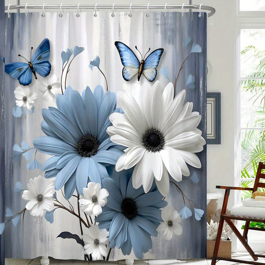 1pc Blue and White Daisies with Butterflies Shower Curtain Polyester Fabric Realistic Daisies with Blue Butterflies on Soft Gray and White Background for Bathroom 12 Hooks 177.8x177.8 cm