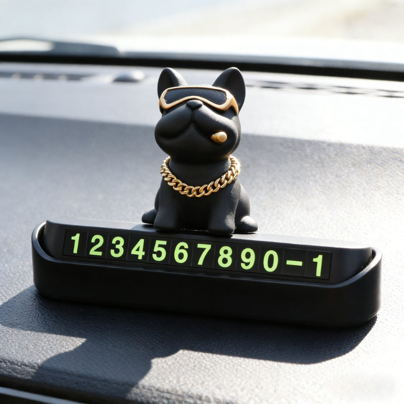 Creative Geometric French Bulldog Car Phone Holder - Stylish Temporary Parking Sign with License Plate, Available in Red or Black, Includes Free Number Plate