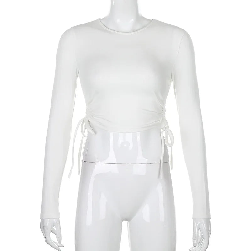 Sexy O-Neck Long Sleeve Bodycon Cropped Tops Autumn 2024 Women Irregular Drawstring Bandage Knitted Solid T-Shirt