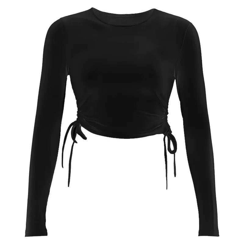 Sexy O-Neck Long Sleeve Bodycon Cropped Tops Autumn 2024 Women Irregular Drawstring Bandage Knitted Solid T-Shirt