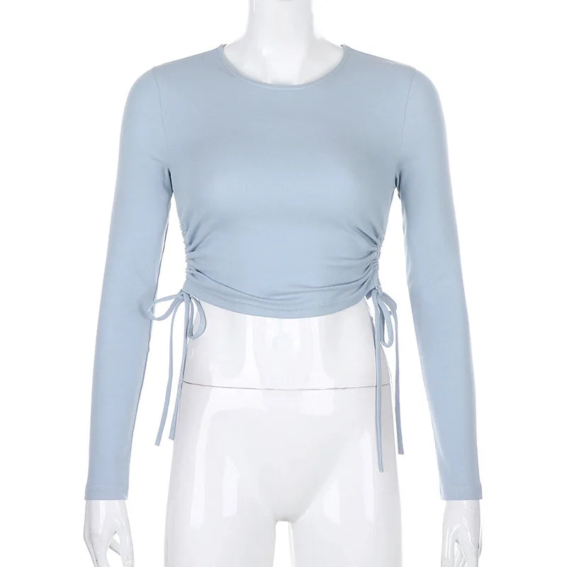 Sexy O-Neck Long Sleeve Bodycon Cropped Tops Autumn 2024 Women Irregular Drawstring Bandage Knitted Solid T-Shirt
