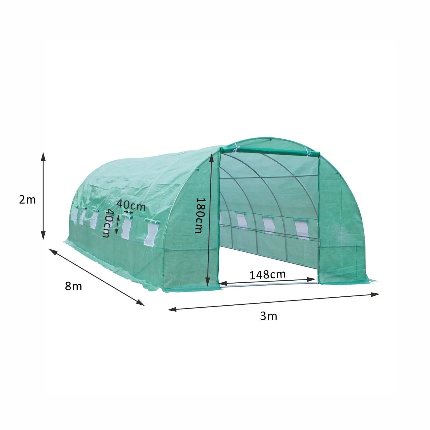 Outsunny Invernadero de Túnel 8x3x2 m con 12 Ventanas Cubierta PE Cultivo Verde