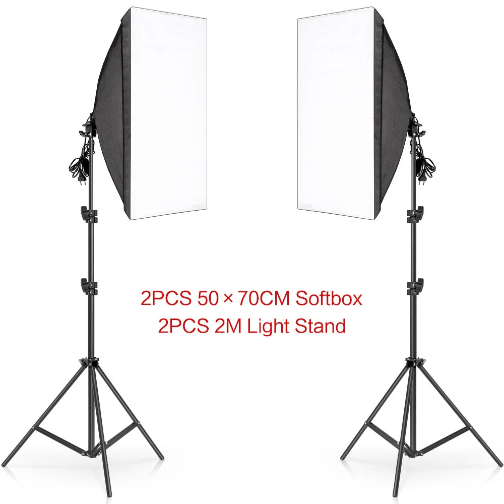 50x70CM Softbox Lights With Cross Arm E27 Photographic Bulbs Professional Photo Studio Continuous Lighting Kit With Tripod Stand