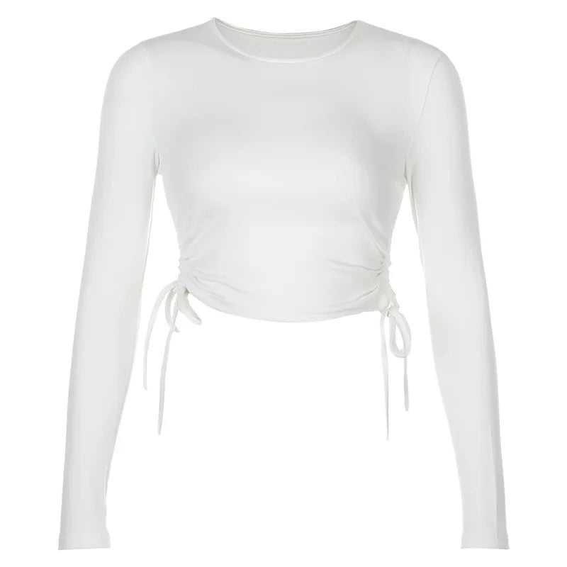 Sexy O-Neck Long Sleeve Bodycon Cropped Tops Autumn 2024 Women Irregular Drawstring Bandage Knitted Solid T-Shirt