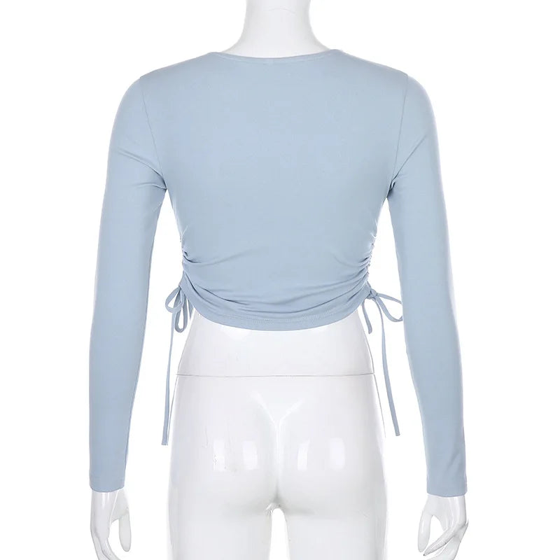 Sexy O-Neck Long Sleeve Bodycon Cropped Tops Autumn 2024 Women Irregular Drawstring Bandage Knitted Solid T-Shirt