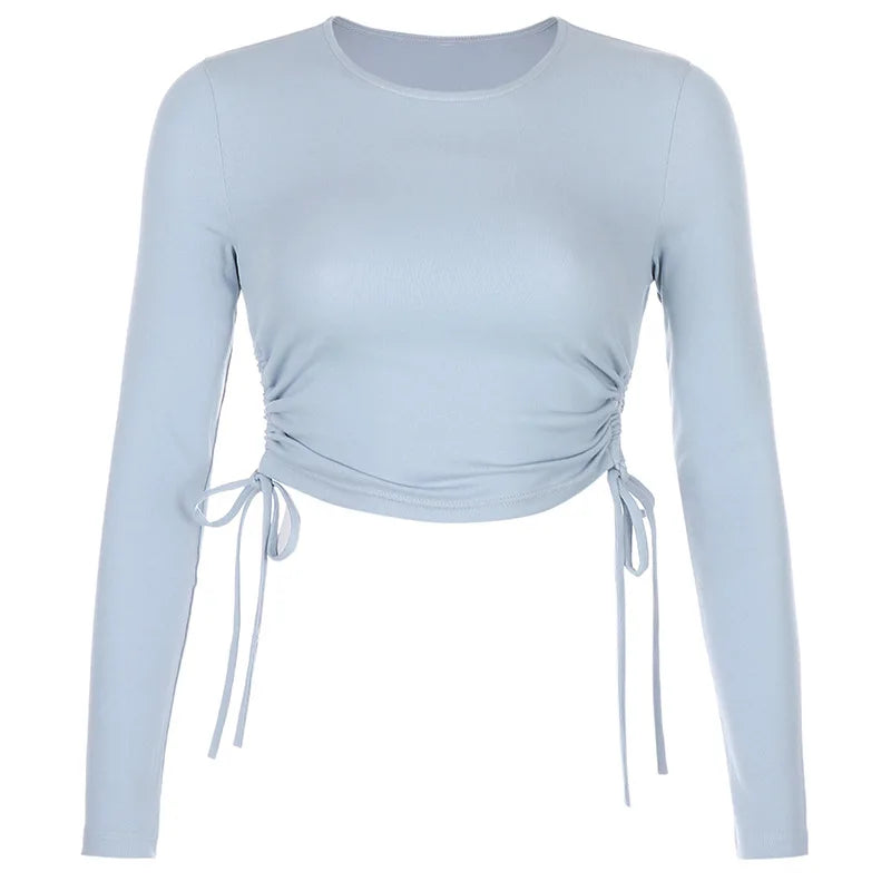 Sexy O-Neck Long Sleeve Bodycon Cropped Tops Autumn 2024 Women Irregular Drawstring Bandage Knitted Solid T-Shirt