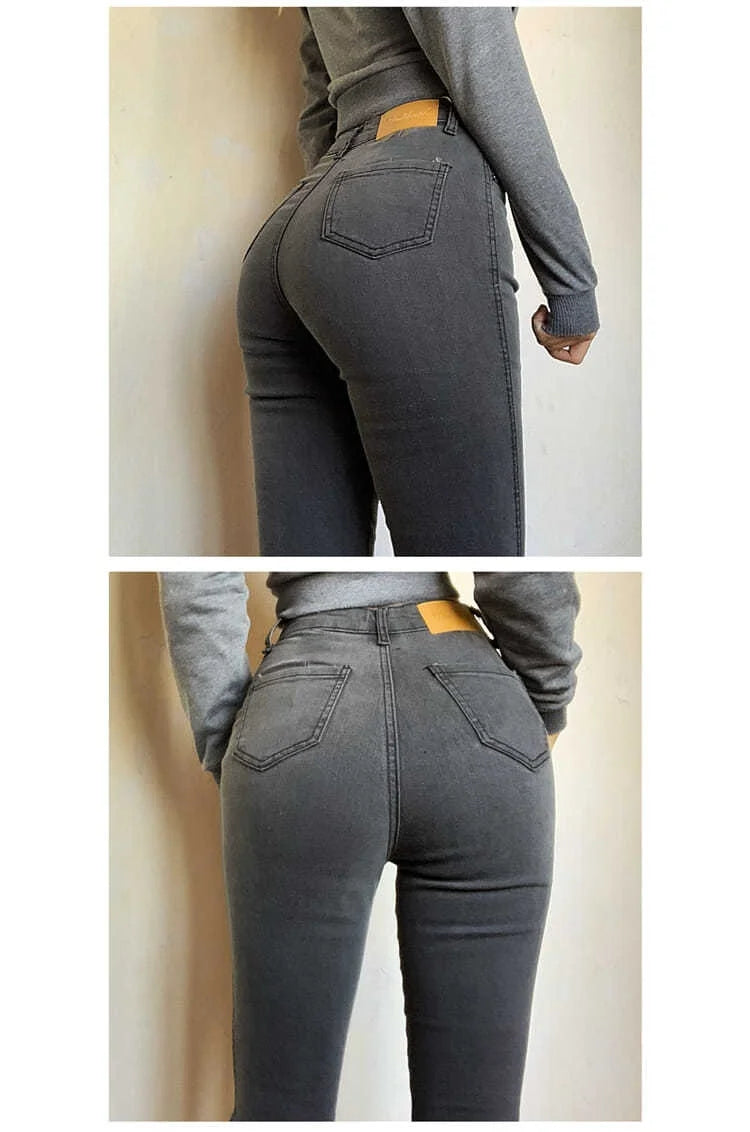 Classic Vintage Buttocks Black Gray Jeans for Women High Elastic Mom Jeans Female Washed Stretch Denim Pencil Pants clothes 40