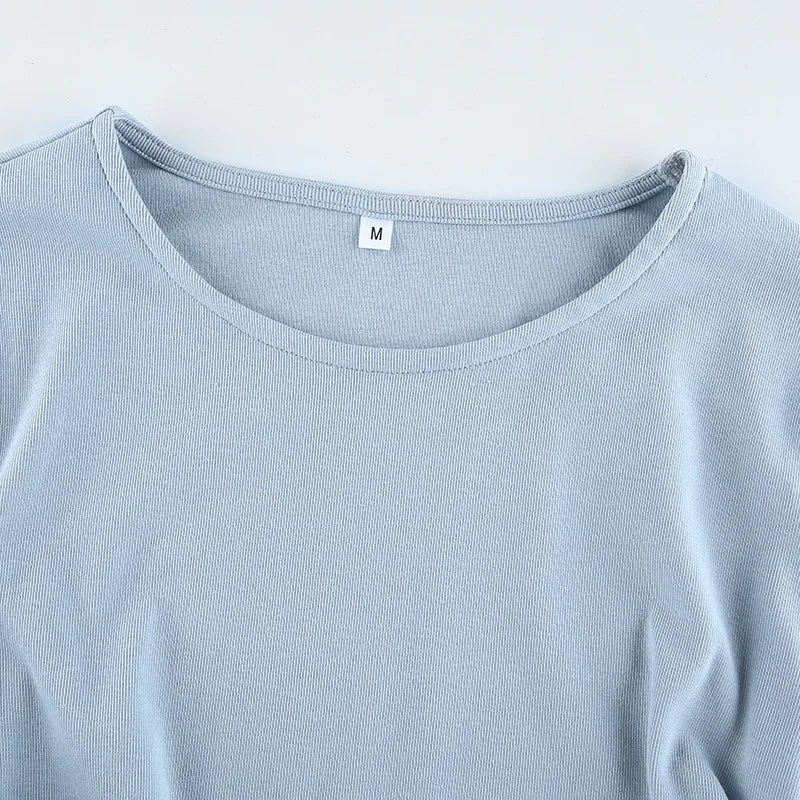 Sexy O-Neck Long Sleeve Bodycon Cropped Tops Autumn 2024 Women Irregular Drawstring Bandage Knitted Solid T-Shirt