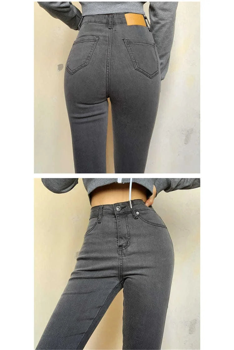 Classic Vintage Buttocks Black Gray Jeans for Women High Elastic Mom Jeans Female Washed Stretch Denim Pencil Pants clothes 40