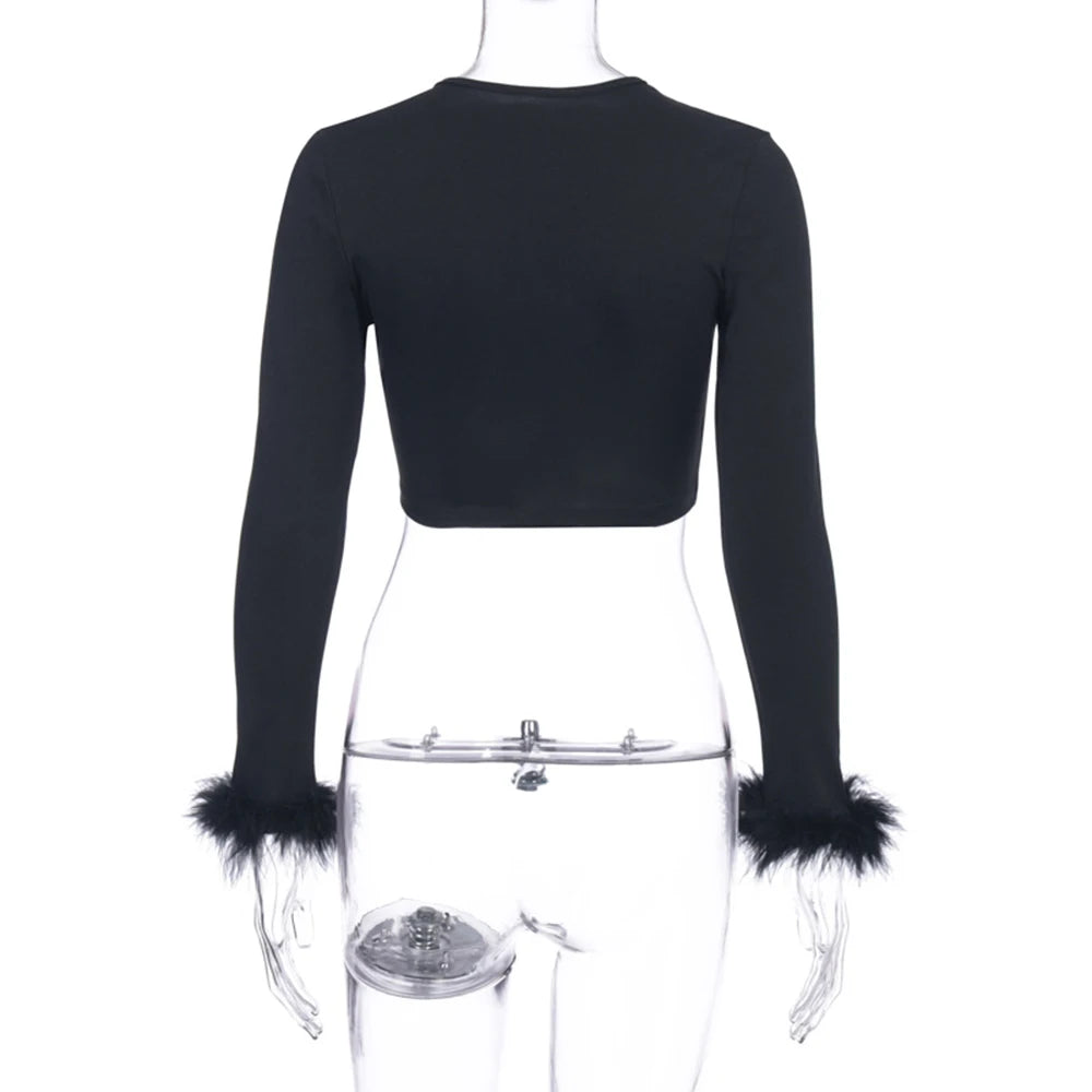 long sleeve fur V-neck wrapped bandage sexy crop tops autumn winter women streetwear club party outfits T-shirts