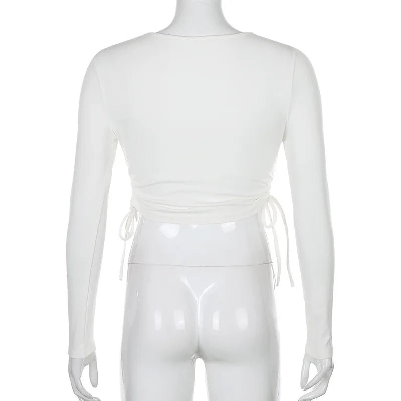 Sexy O-Neck Long Sleeve Bodycon Cropped Tops Autumn 2024 Women Irregular Drawstring Bandage Knitted Solid T-Shirt