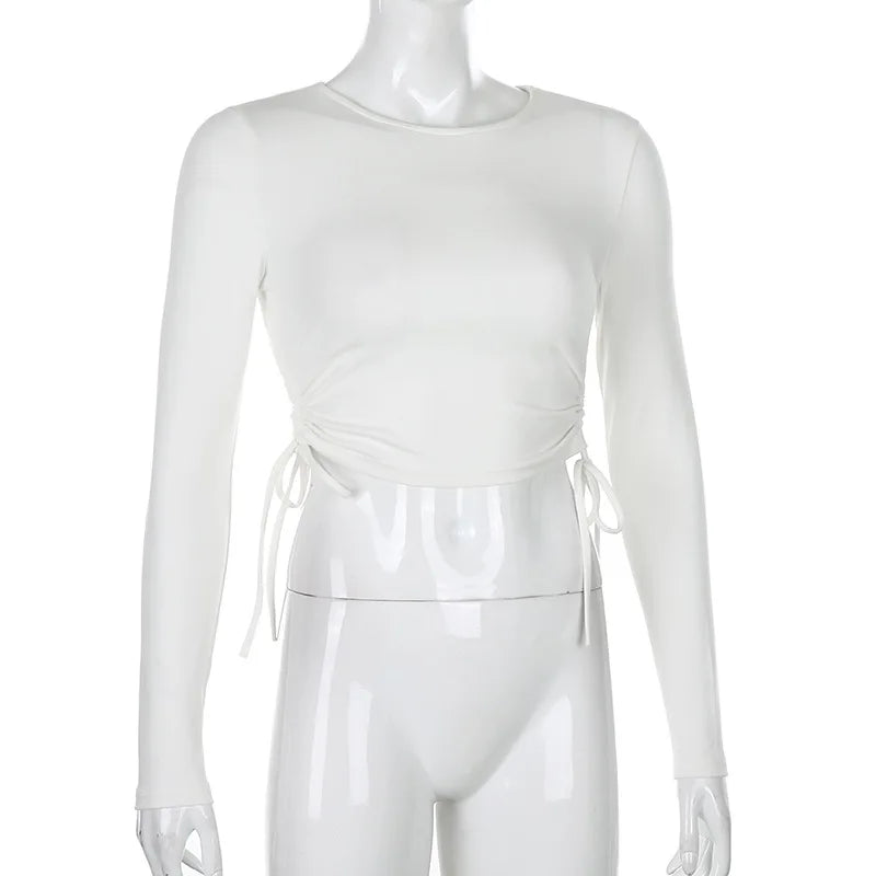 Sexy O-Neck Long Sleeve Bodycon Cropped Tops Autumn 2024 Women Irregular Drawstring Bandage Knitted Solid T-Shirt