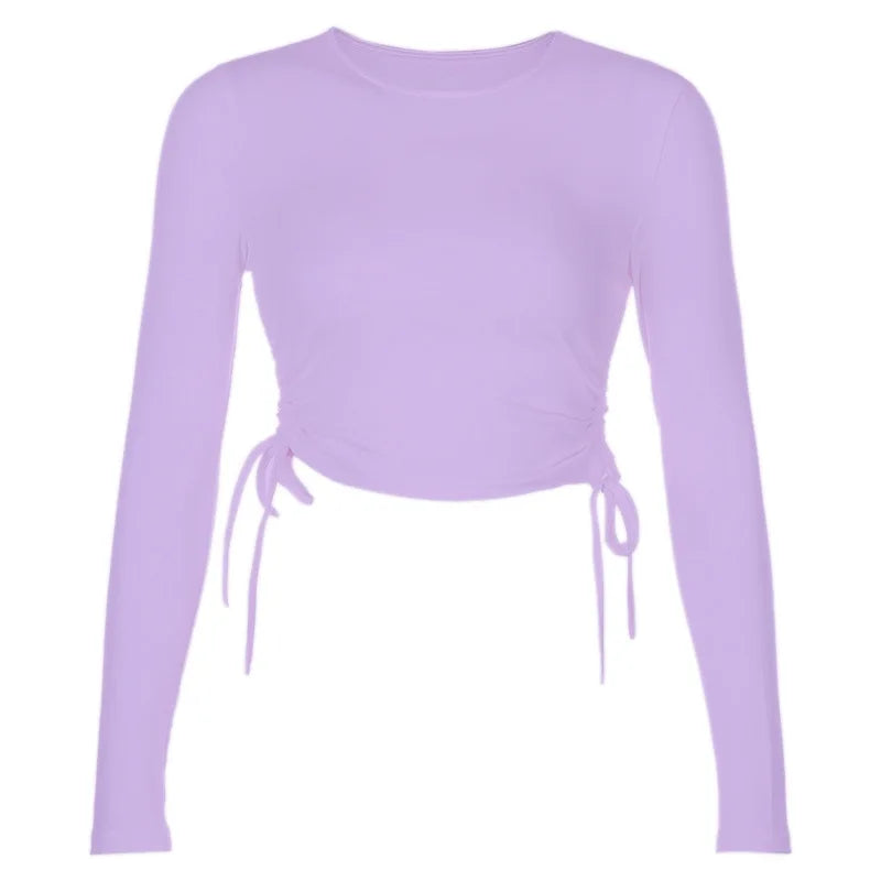 Sexy O-Neck Long Sleeve Bodycon Cropped Tops Autumn 2024 Women Irregular Drawstring Bandage Knitted Solid T-Shirt