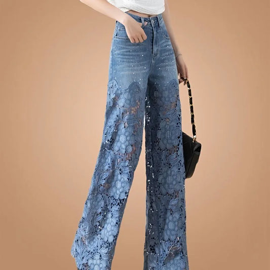 Y2k Women's cute jeans High Leg Waisted Wide  2025 Spring Summer Fashion Hollow Lace Patchwork Denim Pants