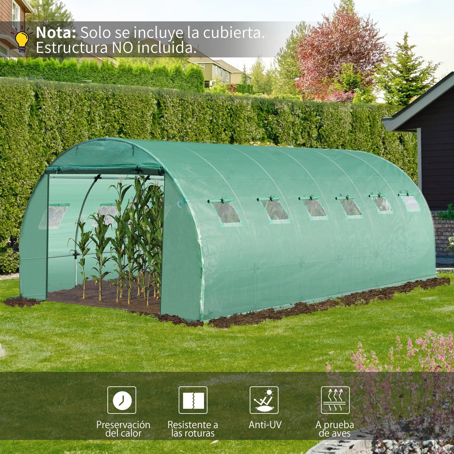 Outsunny tunnel greenhouse cover 6x3x2 m polyethylene cover with 12 windows and roll up garden door