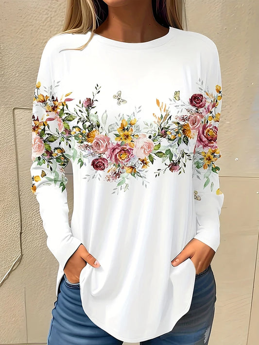 Daily Women's Warm Tops For Autumn And Winter 3D Flower-printed Fashionable Long-sleeved T-shirts Street-style Casual T-shirts