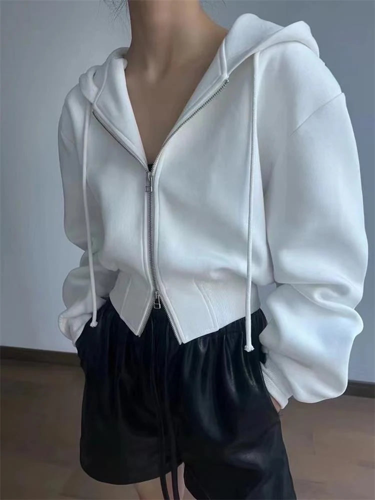 Casual Short Hooded Sweatshirt Women Zip Up Hoodies Mujer Solid Harajuku Long Sleeve Slim fit Crop Top Female Jackets Coat