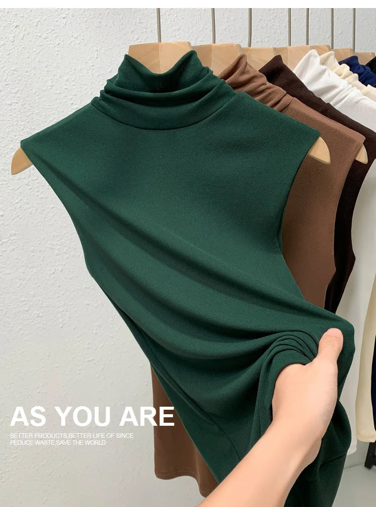 Elastic Mesh High Neck T-shirt New Women's Solid Color Plus Size Sleeveless Basic Top