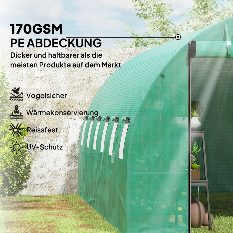 Polytunnel greenhouse with plastic cover and steel frame, walk-in greenhouse tent with roll-up doors, green