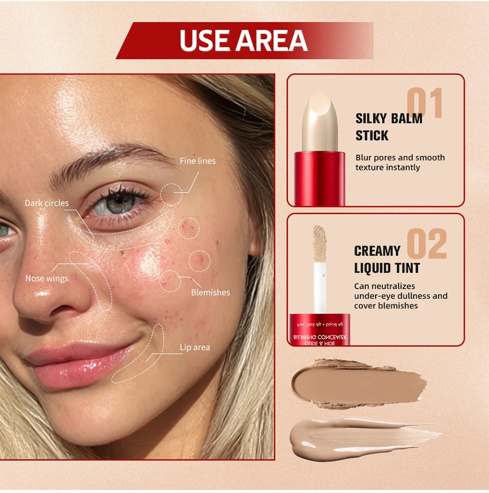2 In 1 Glide & Hide Blurring Concealer Long-Lasting Full Coverage Foundation Waterproof Liquid Female Makeup for All Skin Types