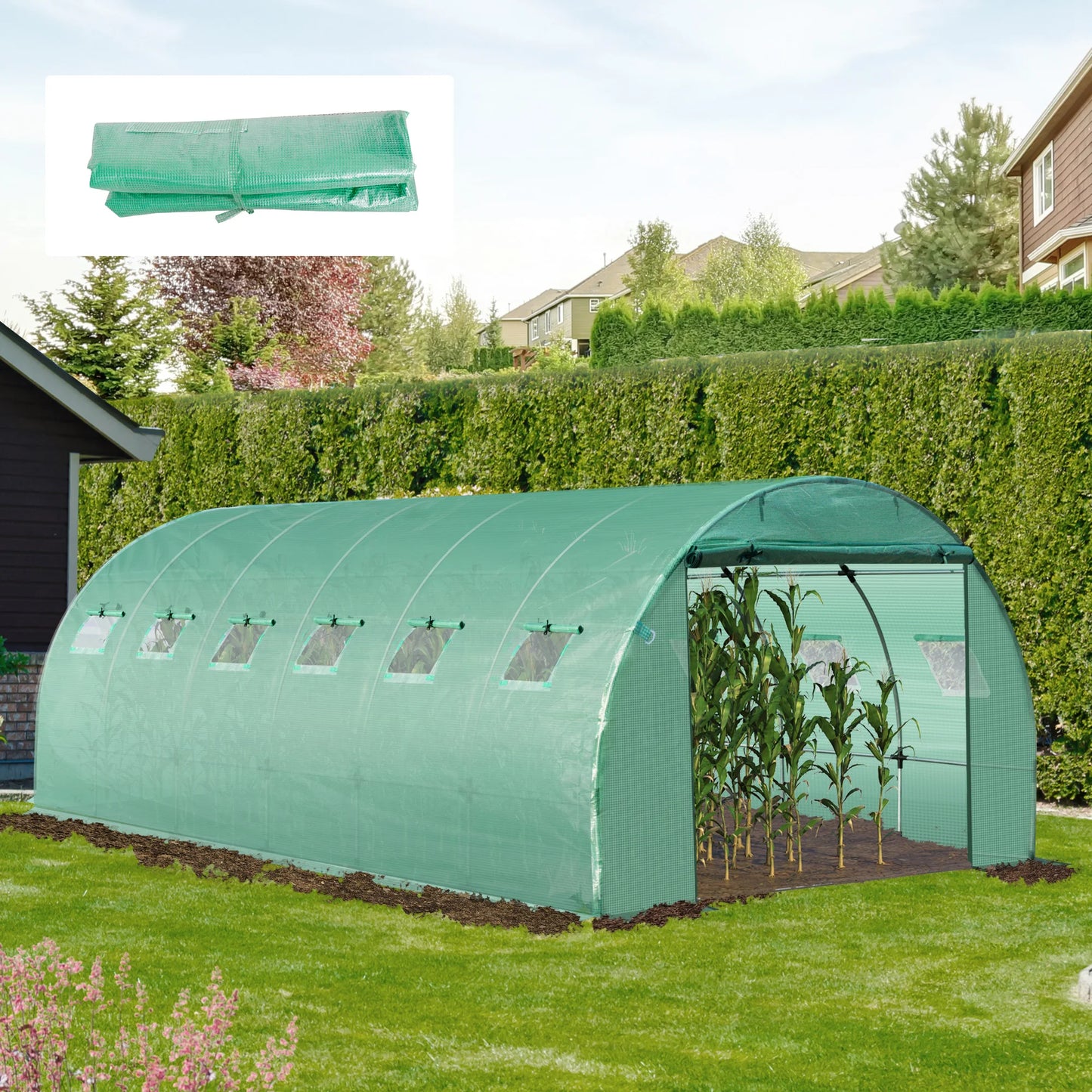 Outsunny tunnel greenhouse cover 6x3x2 m polyethylene cover with 12 windows and roll up garden door