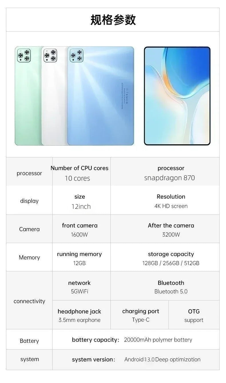 Original Tablet iPad Air Pro 12 Inch 22GB RAM 2TB ROM tablet Android 14 Core Pad Tablet PC Phone Dual Wifi tablette android