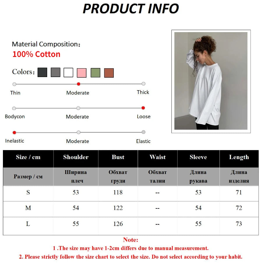 Blubelle Women Autumn 100% Cotton T-shirt Bottoming Spring Basic Fashionable Solid Lady Long Sleeve Loose Tops Shirts