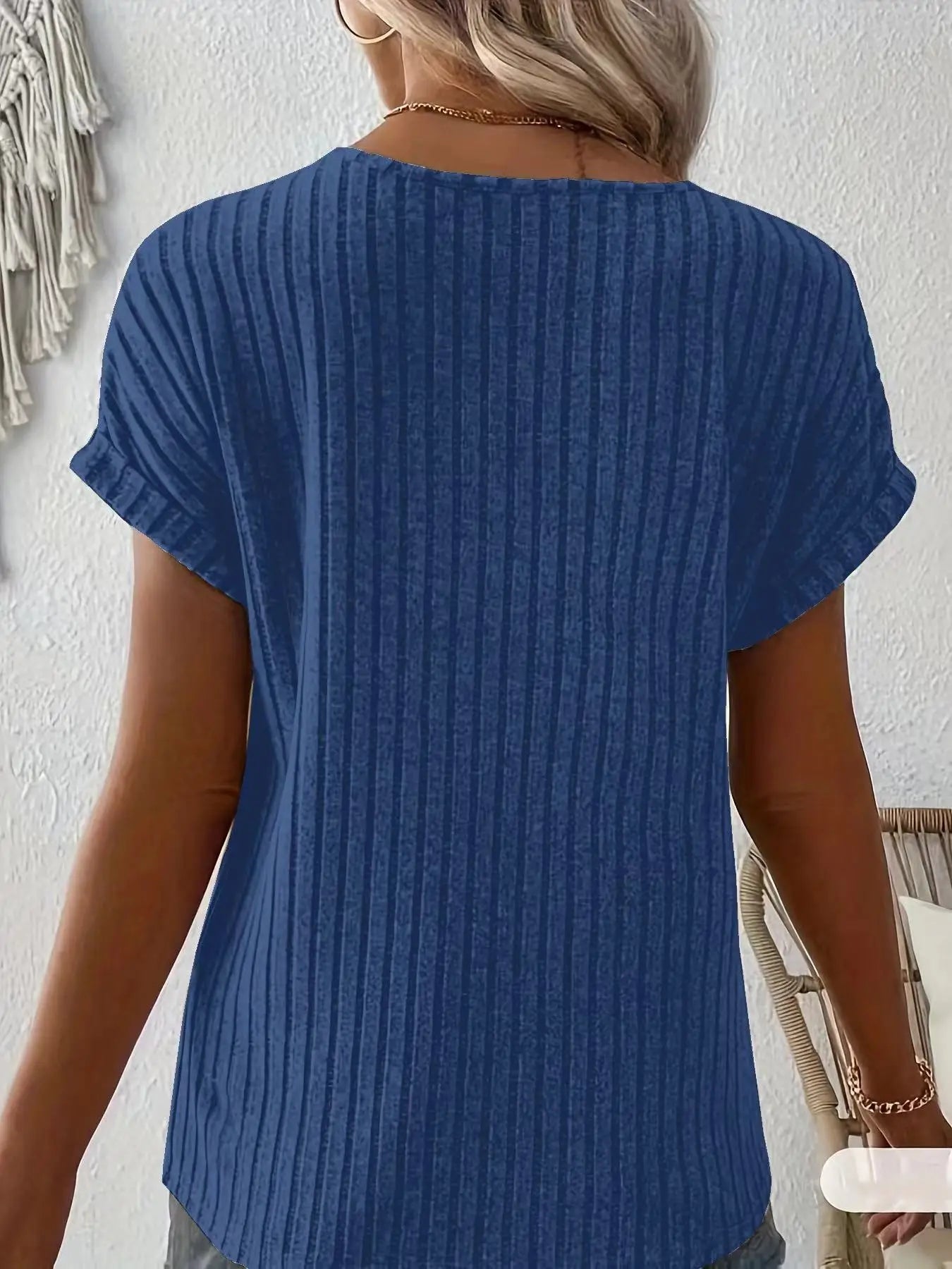 Spring/summer new solid color ribbed top V-neck button decorated elegant T-shirt ladies S-2XL