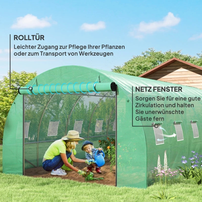 Polytunnel greenhouse with plastic cover and steel frame, walk-in greenhouse tent with roll-up doors, green